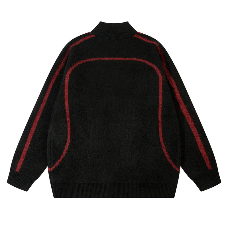 Mens retro zipper knitted cardigan streetwear comparison letter jacquard collar couple sweater top casual Harajuku 240826