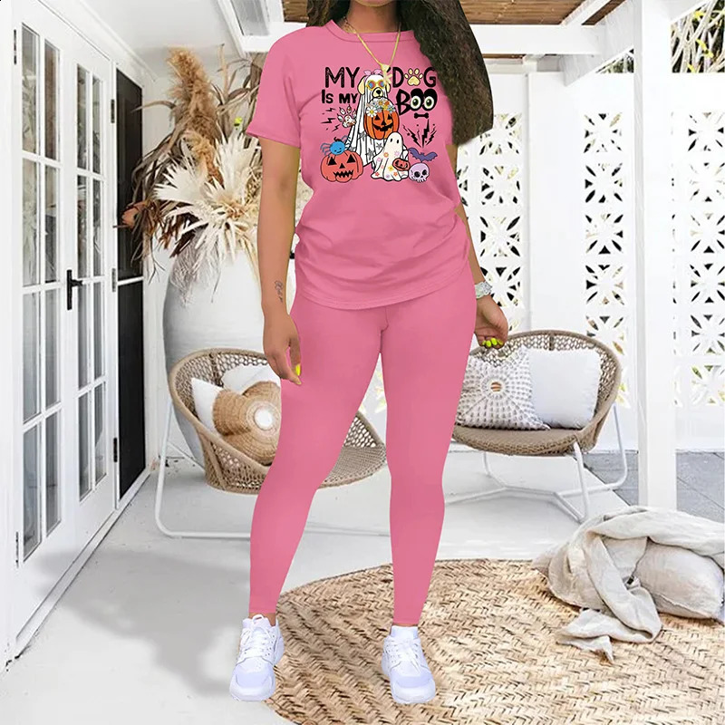 Halloween Dog Fashion Printed Two Piece Set Womens Casual Short sleeved T-shirt and Tight Summer Set 240827