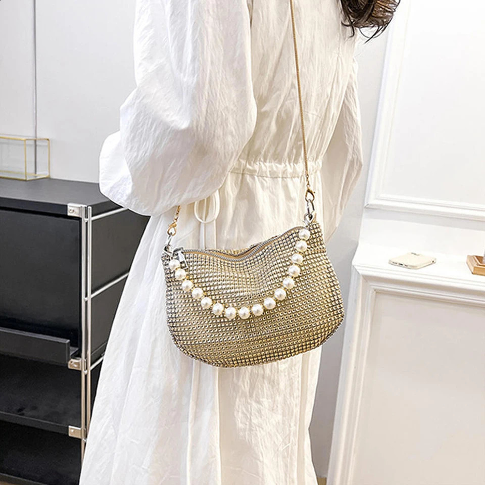 Pearl Full Rhinestone Delicate Handbag Fashion Shiny Gold Party Dinner Bag Shoulder Elegant Silver WomenS Phone Money Purse 240827