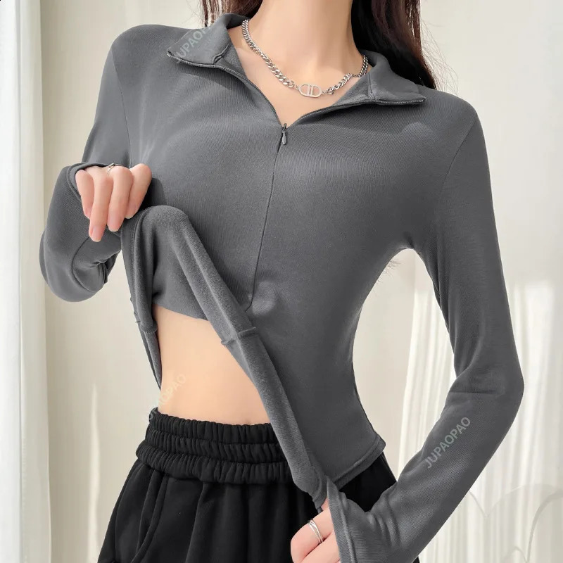 spring and summer ultra-thin long sleeved T-shirt for womens black spicy cotton zipper lapel polo neck top S-L 240827