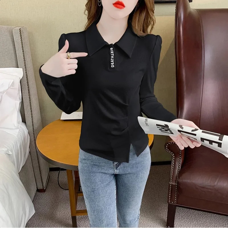 Business top plain weave polo neck womens long sleeved beautiful Korean clothing synthetic Y2k fashion 2025 womens T-shirt 240827