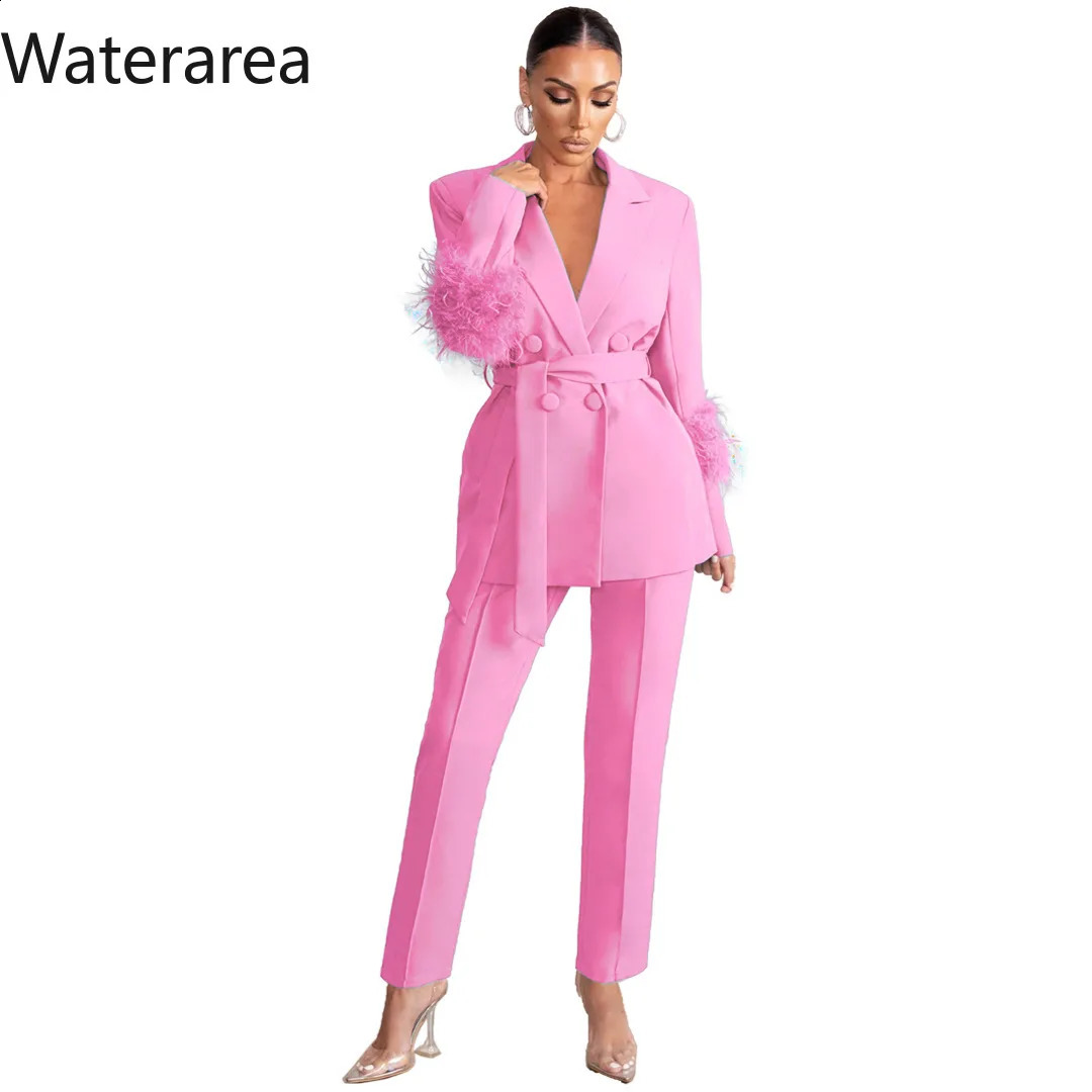 Waterarea Fashion Womens Set Feather Long Sleeve Double Breasted Blazer and Pants Suits Two 2 Piece Sets Outfits Tracksuit 240826