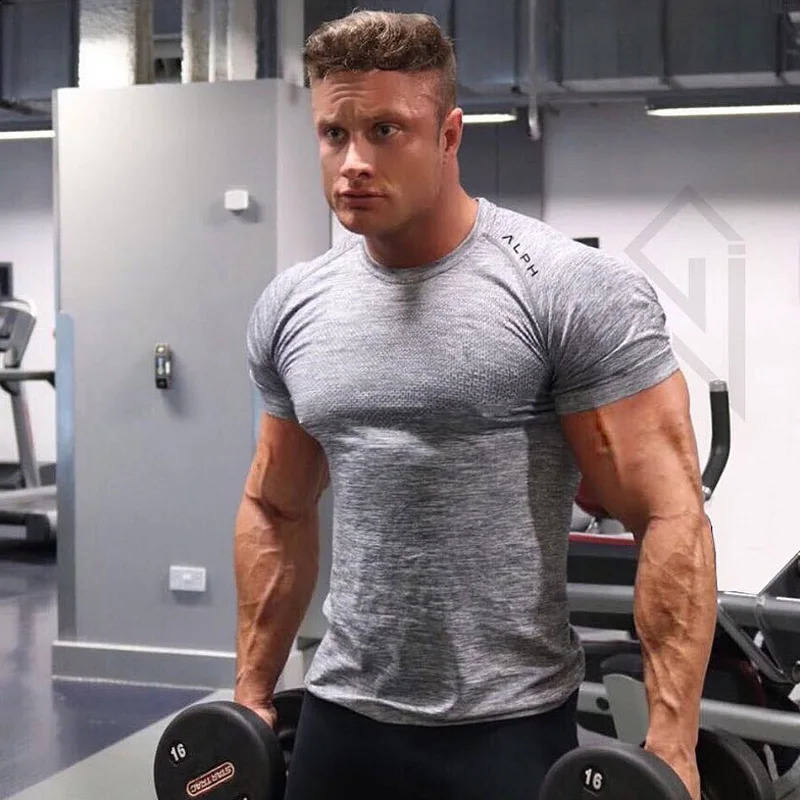 Mens summer gym sports running short sleeved Tshirt fitness mens bodybuilding muscle casual top quick drying exercise clothing 240827