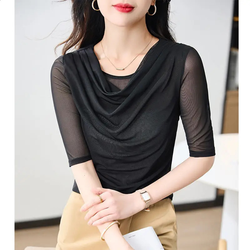 Womens short sleeved Tshirt pleated slim fit top monochrome mesh simple casual summer wear temperature 240827