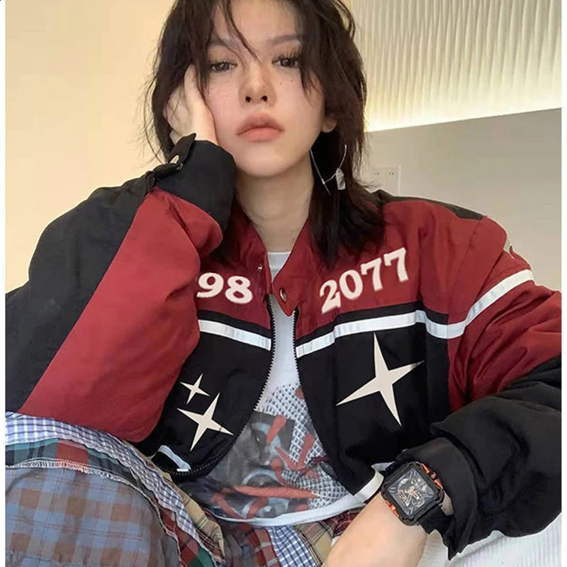 Y2k Retro Bomber Jacket Womens Street Hip Hop Colorful Zipper Racing Baseball Uniform SpringSummer Collection 240826