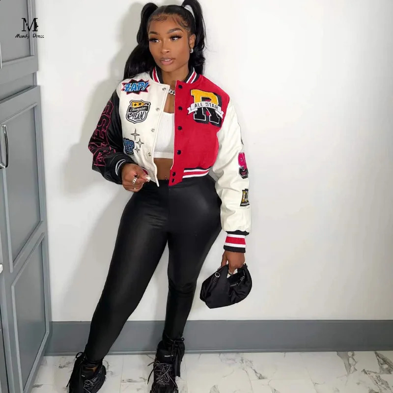 Street Women Print Varsity Jacket Baseball Uniform Long Sleeve Patchwork Y2K Clothes Fashion Autumn Winter Vintage Coat 240827