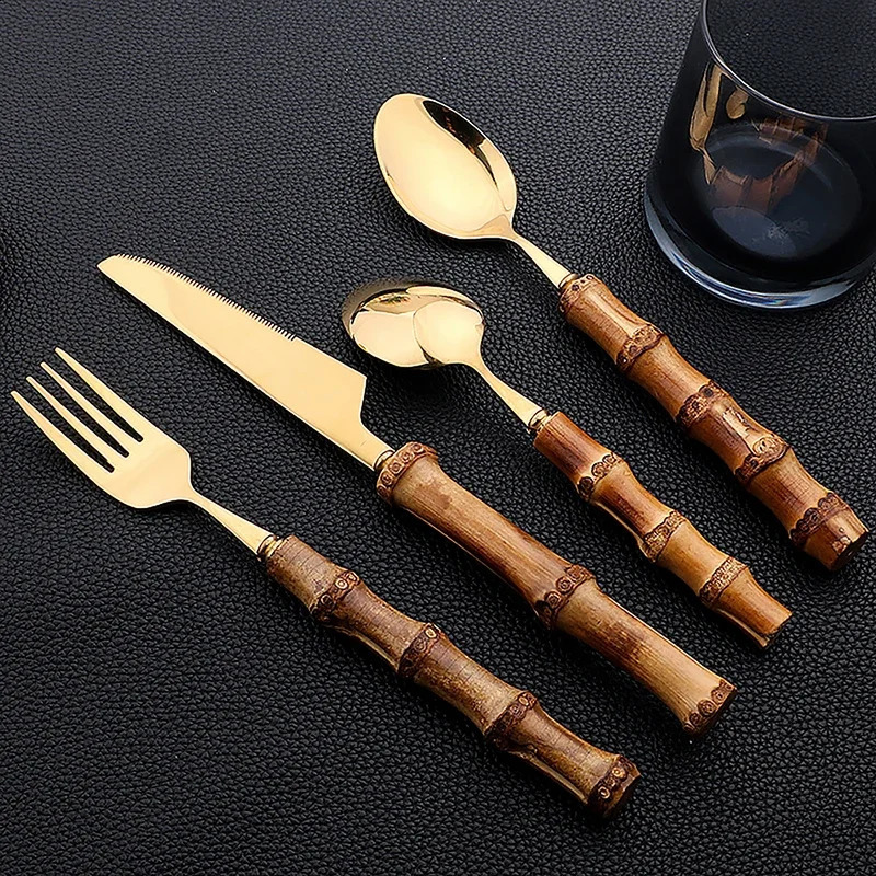 24 piece bamboo tableware set stainless steel pure natural handle w240826