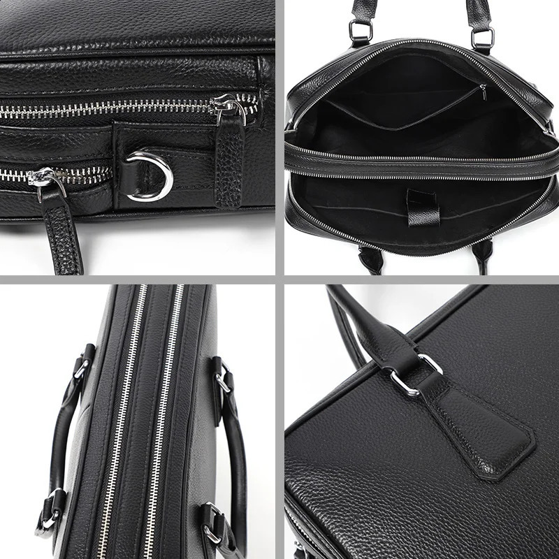 Double Zipper Briefcase Men Bag Genuine Leather Shoulder 14 inch Laptop Bags Large Capacity Handbag Business Mens 240827