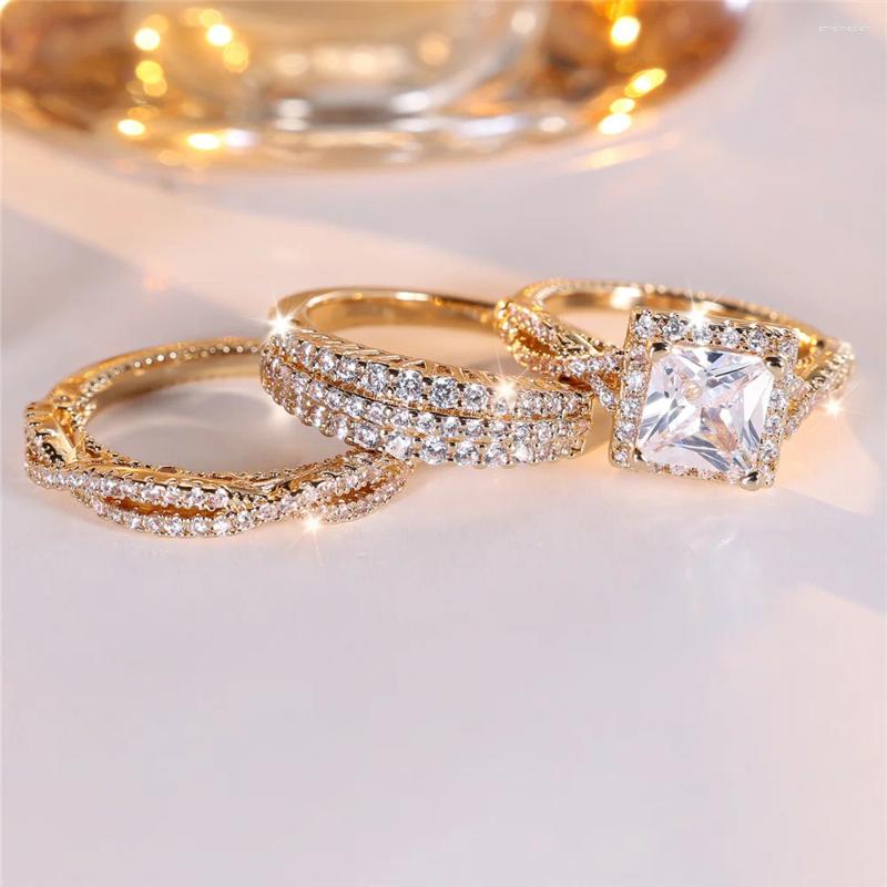 Wedding Rings 3pcs Female Sier Color White Zircon Stone Square Ring Set Vintage Gold Bridal Bands Party Jewelry For Women