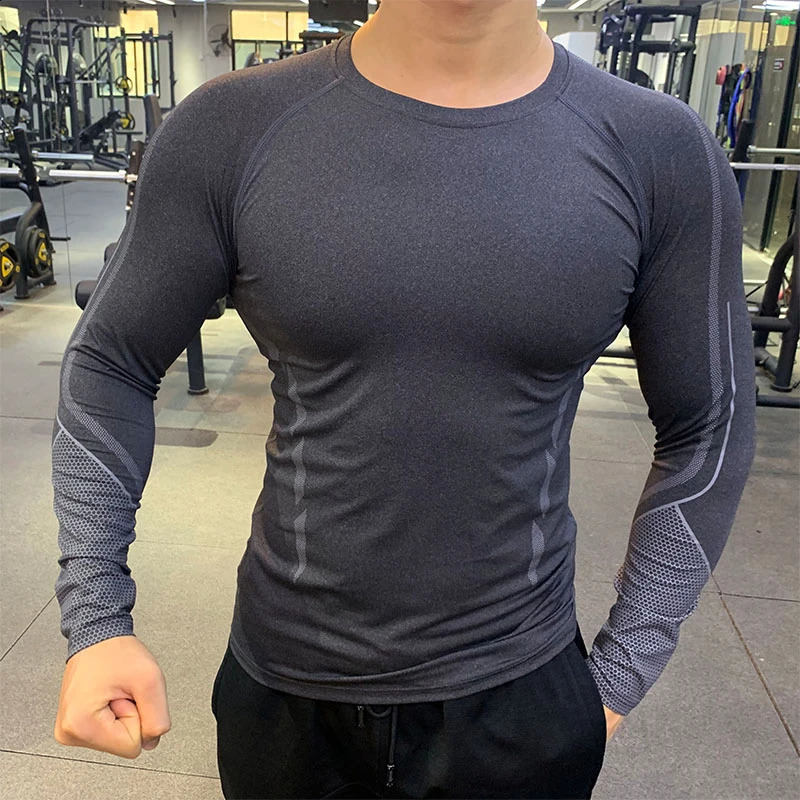 Mens fitness quick drying long sleeved shirt breathable and compact compression Tshirt gym training running 240827