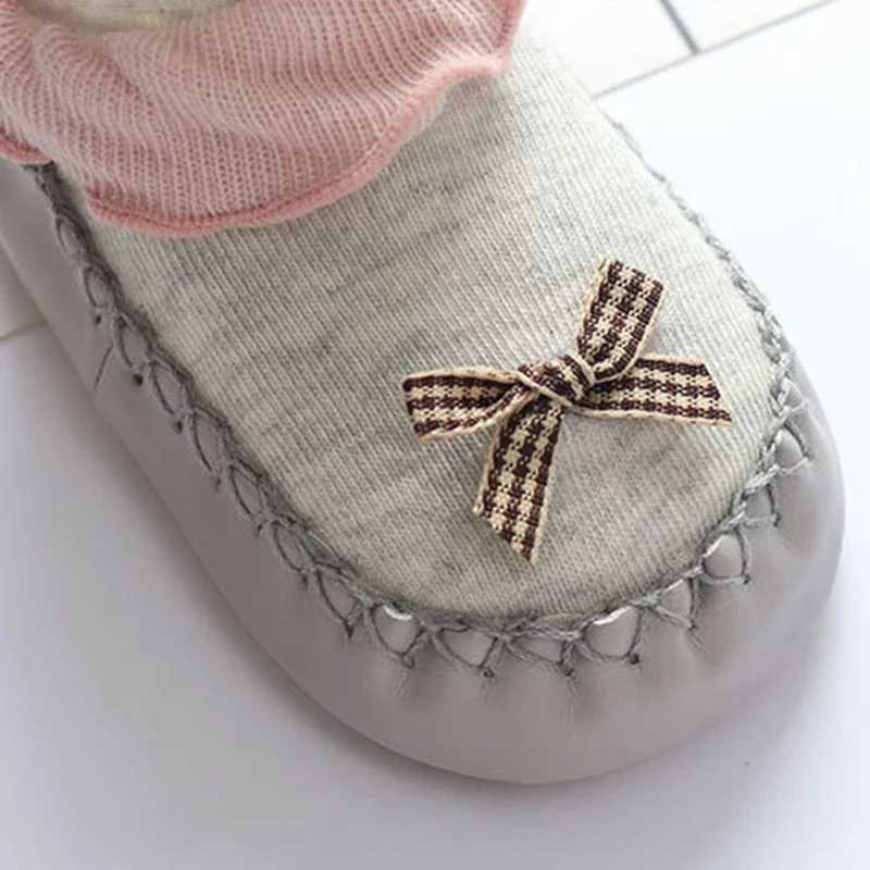 Bow PU leather edge childrens shoes with adhesive dots anti slip newborn baby socks cute boys and girls soft soles skin friendly floor socks M240827