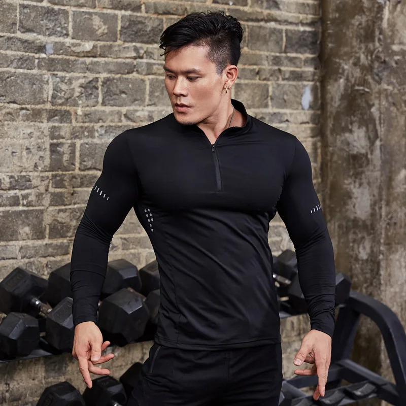 Mens tight fitting sports Tshirt long sleeved gym running clothing fitness compression sportswear zipper hiking Rashgar shirt 240827