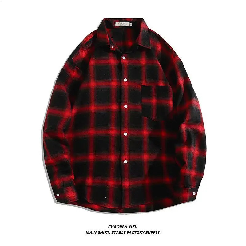 Vintage Plaid Shirts Oversize Basics Long Sleeve Turn-down Collar Pocket Loose Single Breasted Casual Thin Coat 240826