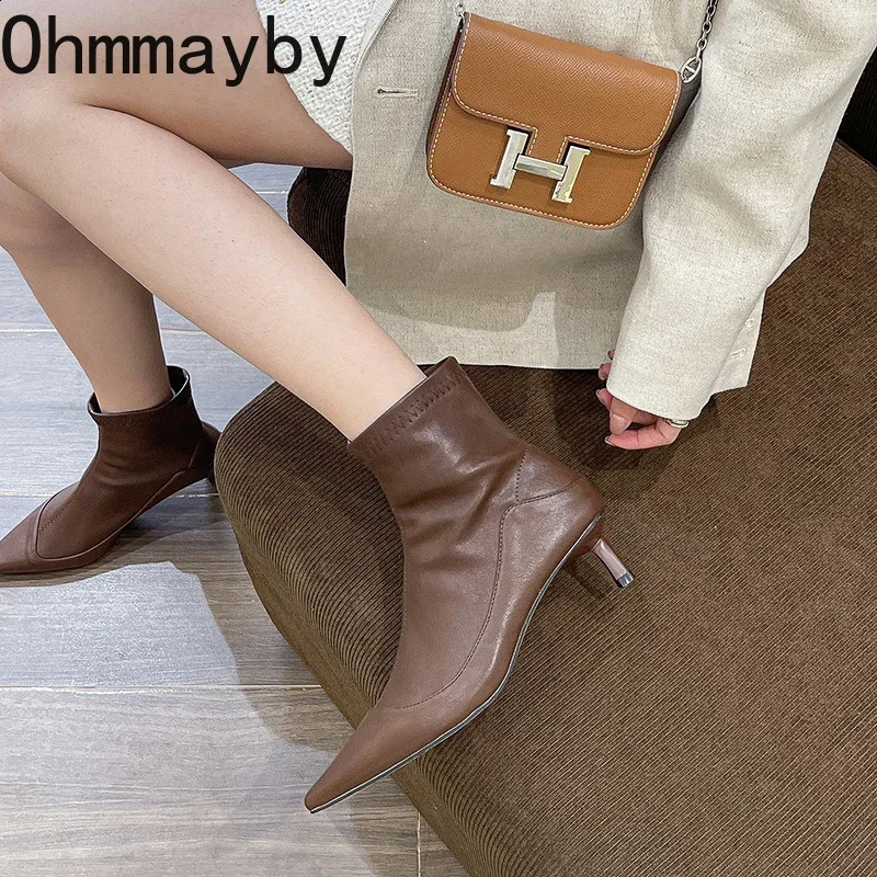 Pointed Toe womens elastic short boots fashionable and slim fit ankle boots thin high heels autumn womens shoes 240827