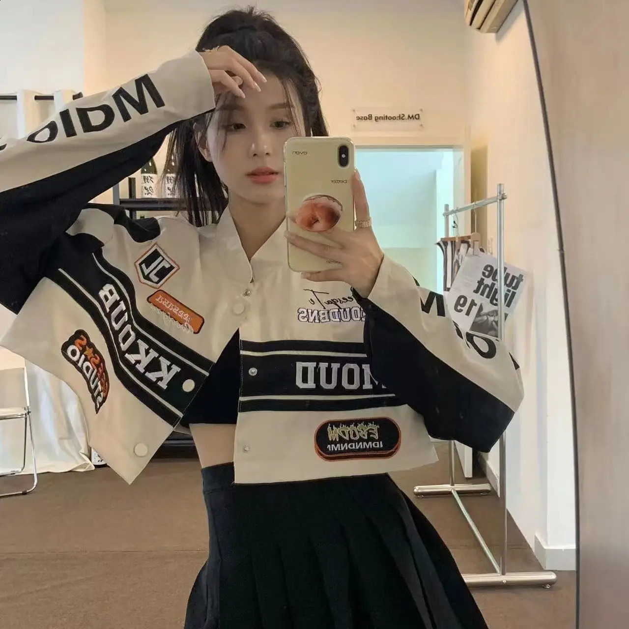 Womens Casual Short Jacket with Zippers Retro Loose Baseball Jacket for Autumn Detachable Moto Coat Embroidered Letters 240827