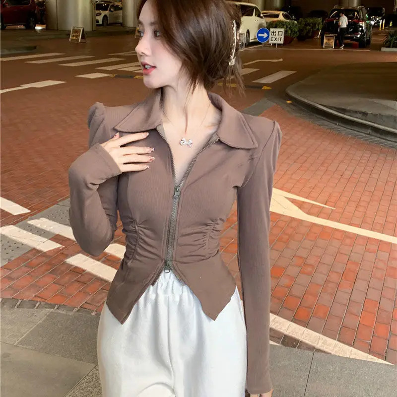 Double zipper jacket womens long sleeved cut jacket short top Y2k clothing ultra-thin street clothing polo neck cardigan 240827