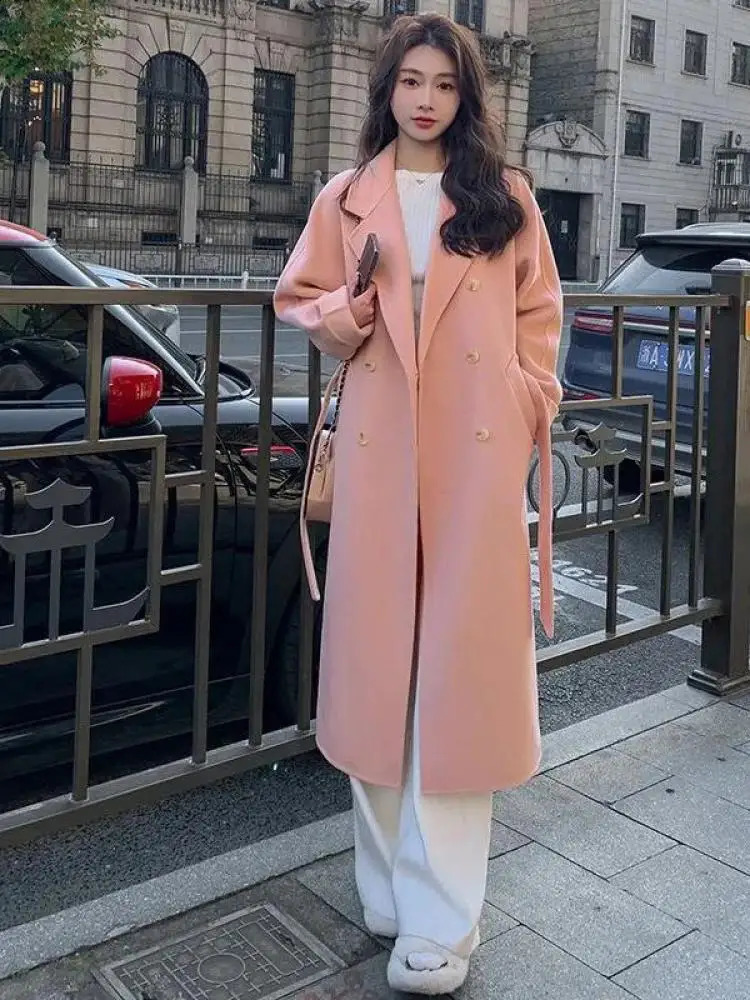 Womens solid lace long wool coat Korean loose and fashionable doublelayer collar womens autumn warm 240826