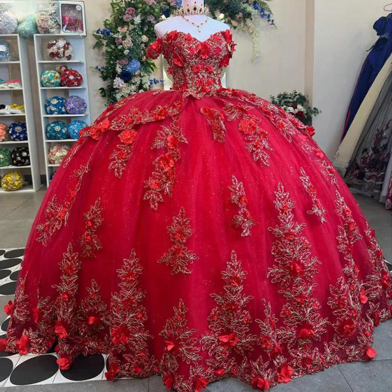Red Off The Shoulder 3D wers Ball Gown Quinceanera Dresses Ruffles Appliques Lace Beads Tull Vestidos De 15 Anos Sweet 16 Dress