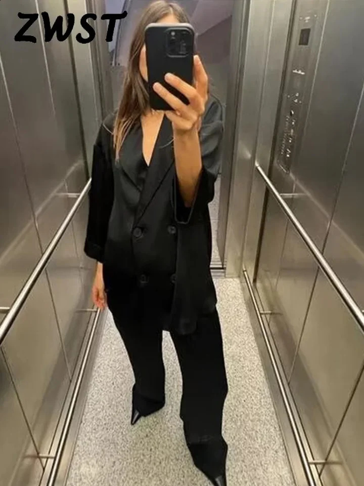 Womens Blazer Suit Elegant Double Breasted Satin Turndown Collar Long Sleeve Trousers Sets Female Summer Fashion Lady Set 240826