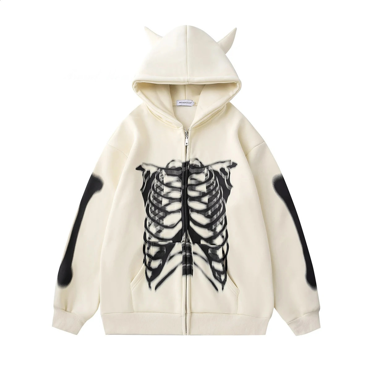 American hiphop graffiti printed velvet cardigan mens and womens fashion street horn hooded jacket European sweatshirt 240826