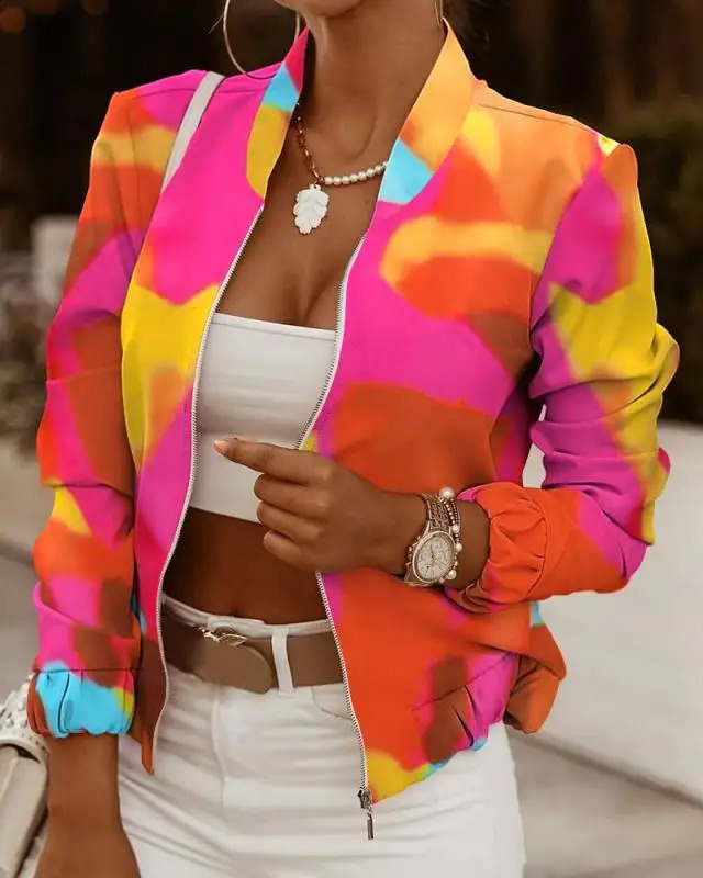 Orange Stitiching Bomber Jacket Women Print Zipper Baseball Coat Long Sleeve in Outerwears Stand Collar Womens Jacket Short 240827