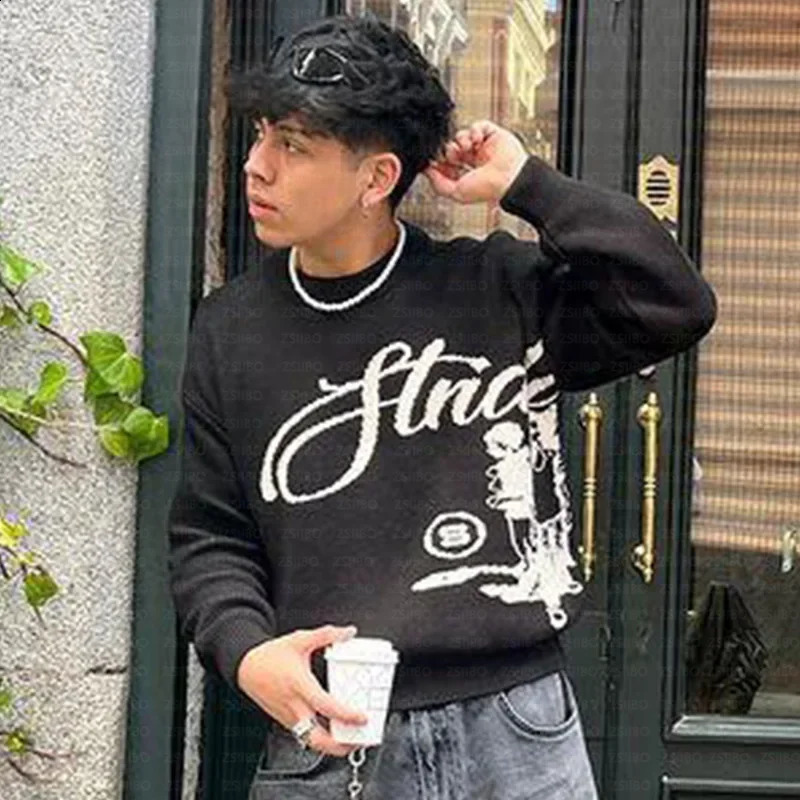 American style street Gothic letter jacquard knitted pullover sweater wholesale loose fitting mens collar 240826