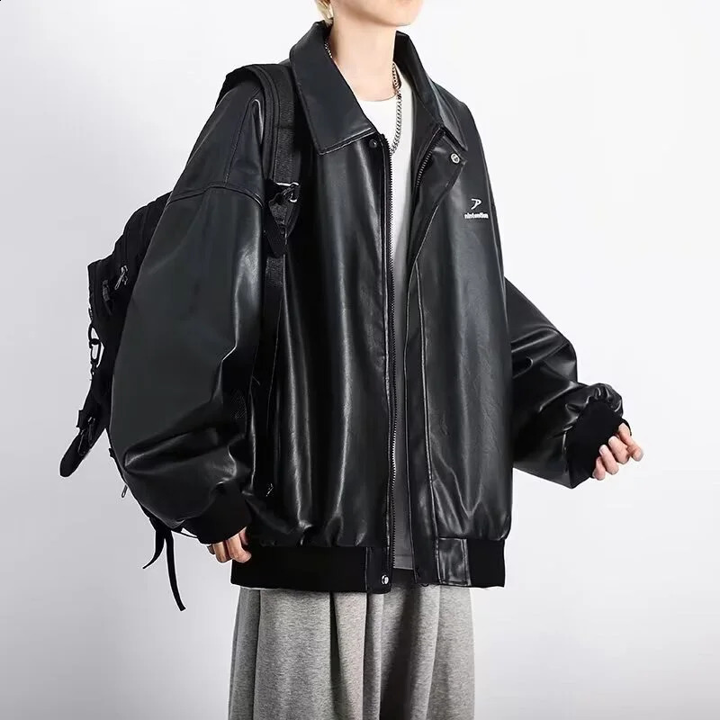 FEWQ PU Leather Mens Jacket Street Fashion Spring Autumn Loose Solid Color Casual Long Sleeve Male Tops 24E2062 240826