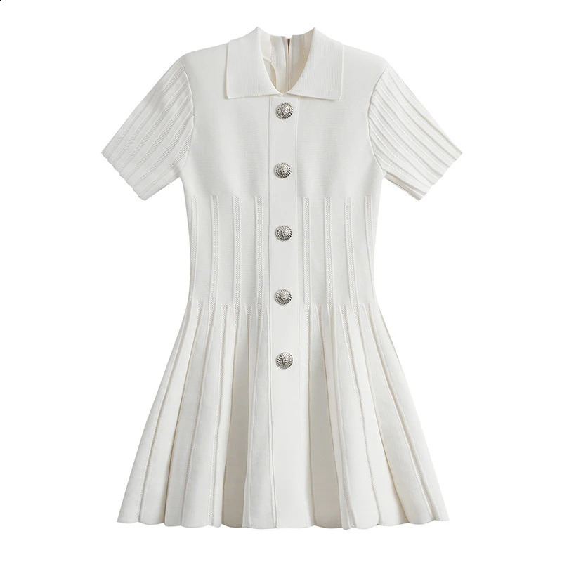 Summer Womens Collar Beaded Button Short Sleeve jumpsuit Y2K High Quality Fashion Retro Aline Knitted Bandage Skirt 240826