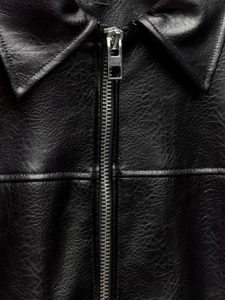 ZBZA Womens Artificial Leather Bomber Jacket with Collar Long Sleeve Zipper Pocket Elastic Hemp Coat Womens Fashion Coat 240827