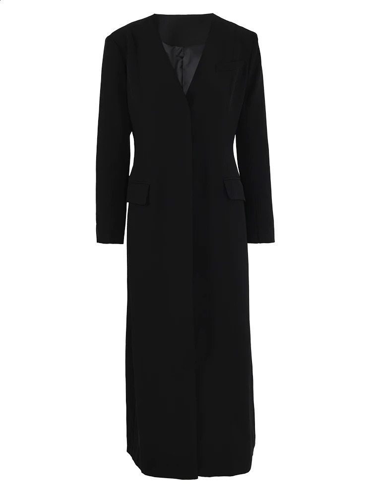 EAM Black Button Elegant Long Blazer Women V-neck Long Sleeve Loose Fit Jacket Fashion Spring Autumn 7AB1239 240826