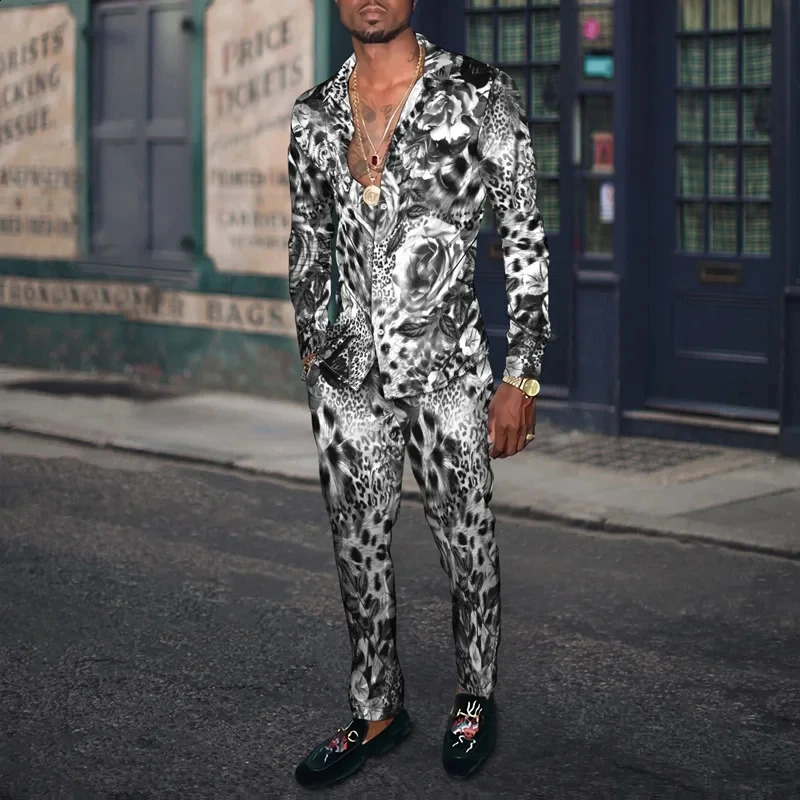 Summer fashion mens casual sportswear leopard print 3D printed mens lapel long sleeved shirt long pants two-piece outfit 240827