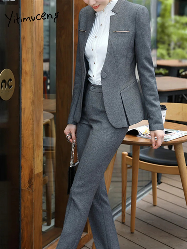 Yitimuceng Solid Women Suits Office Sets Fashion Long Sleeve Single Button Loose Blazers Elegant High Waisted Pants Suits 240826