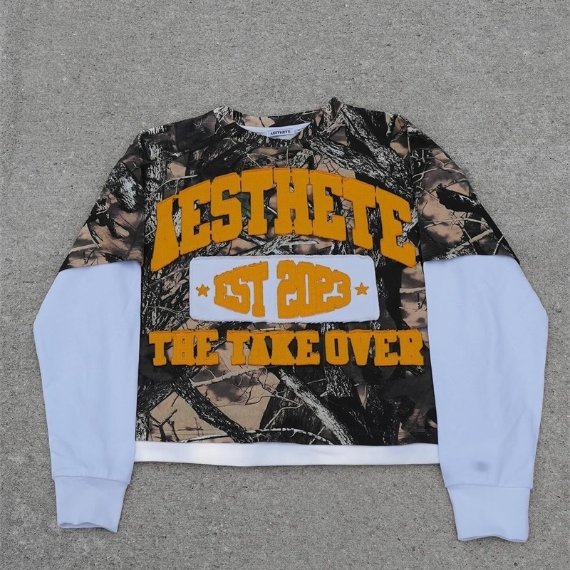 American Street Harajuku Embroidered Pattern Leaf Camouflage Long Sleeve Floral Mens Y2K Loose Letter Printed Oversized T-shirt 240826