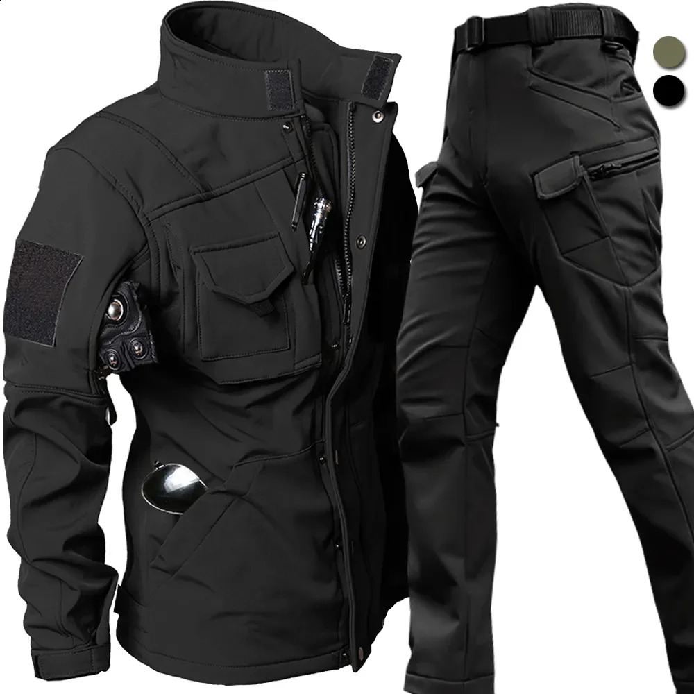 Windproof Waterproof Biker Suit Men Tactical Jacket Pants Sets Winter Shark Skin Soft Shell Uniform Warm Fleece Coats 240814