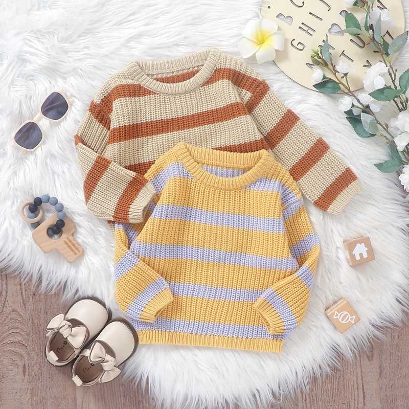 Newborn baby boy sweater casual striped print warm knit autumn long sleeved baby knitW240824