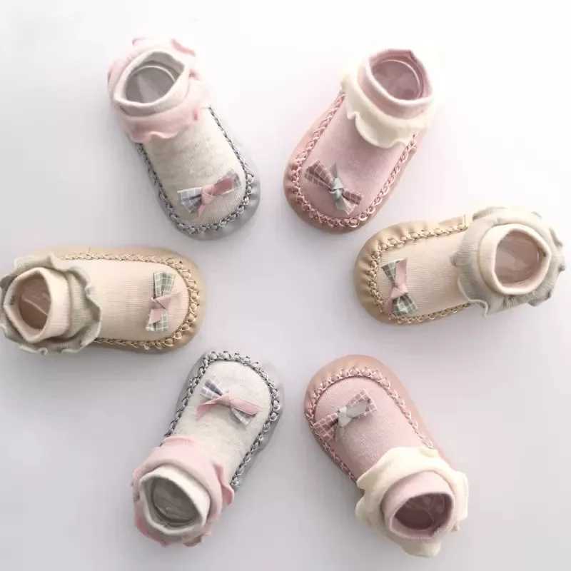 Bow PU leather edge childrens shoes with adhesive dots anti slip newborn baby socks cute boys and girls soft soles skin friendly floor socks M240827