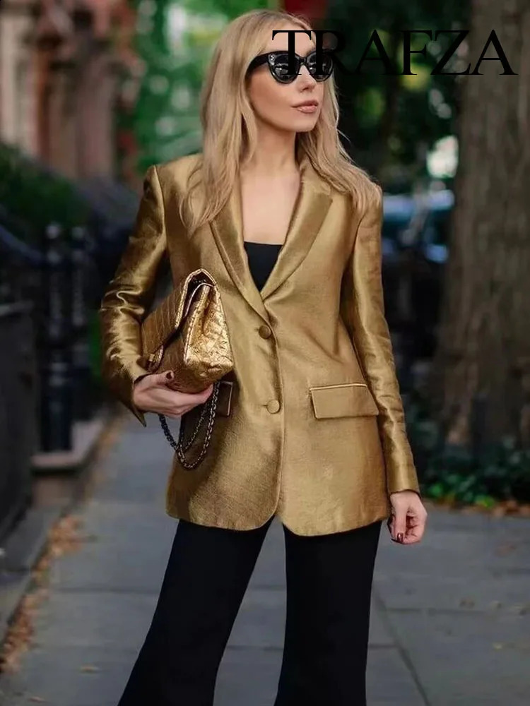 TRAFZA Autumn Womens Fashion Gold Blazer Retro V Neck Party Long Sleeve Button Up Womens Pocket Casual Blazer Chic Top 240826