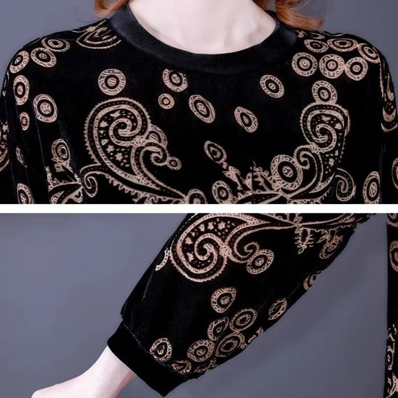 Womens round neck gold velvet T-shirt autumn/winter print polka dot long sleeved loose zipper top 240826