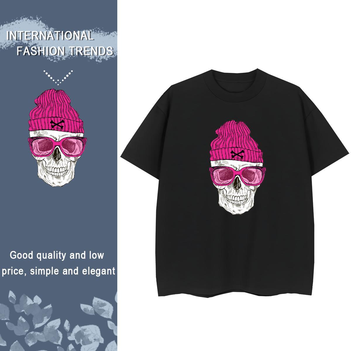 Fashion T Shirts Women 230g Cotton Short sleeve Soft Sport skull Womens Tshirts Loose Black Oversized Polos