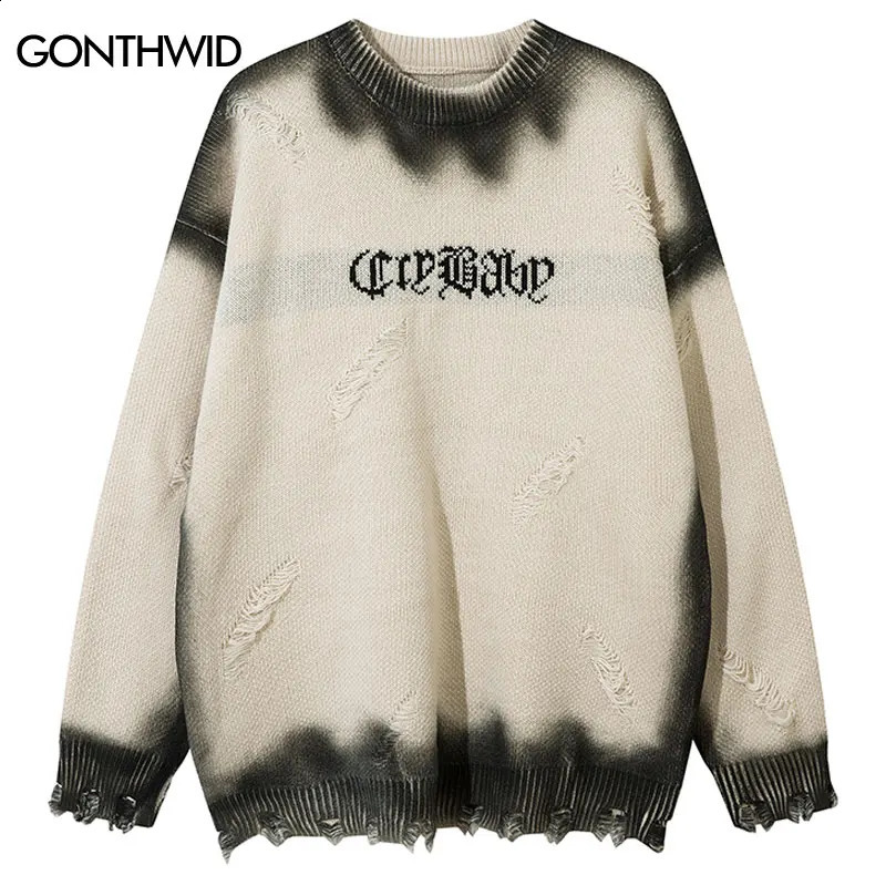 Vintage oversized sweater Grunge Y2K tear hole tie dye knit jumper hiphop Harajuku punk Gothic long sleeved streetwear 240826