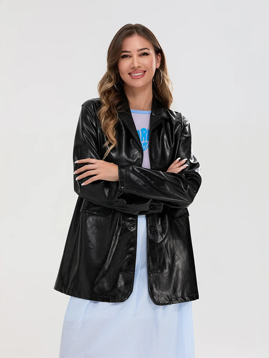 WSEVYPO PU synthetic leather jacket retro solid collar loose jacket womens jacket autumn and winter womens leather set 240827