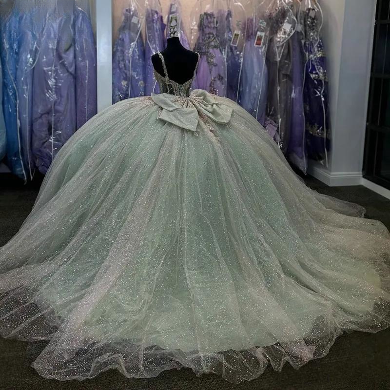 Mint Green Illusion Crystal Beading Ball Gown Quinceanera Dresses Spaghetti Strap Bow Vestidos De 15 Anos