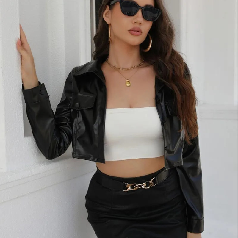 Sexy collar PU leather jacket exposed hollow cardigan wool sweater womens coat spring and autumn long sleeved black mini jacket single corset jacket 2