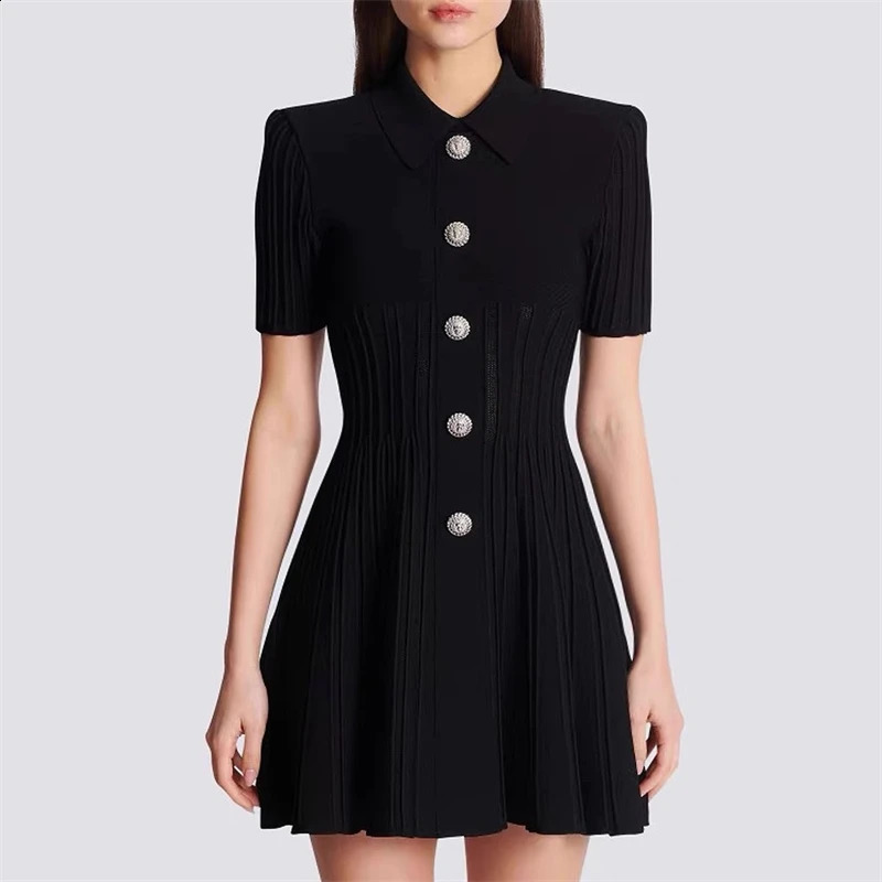 Summer Womens Collar Beaded Button Short Sleeve jumpsuit Y2K High Quality Fashion Retro Aline Knitted Bandage Skirt 240826