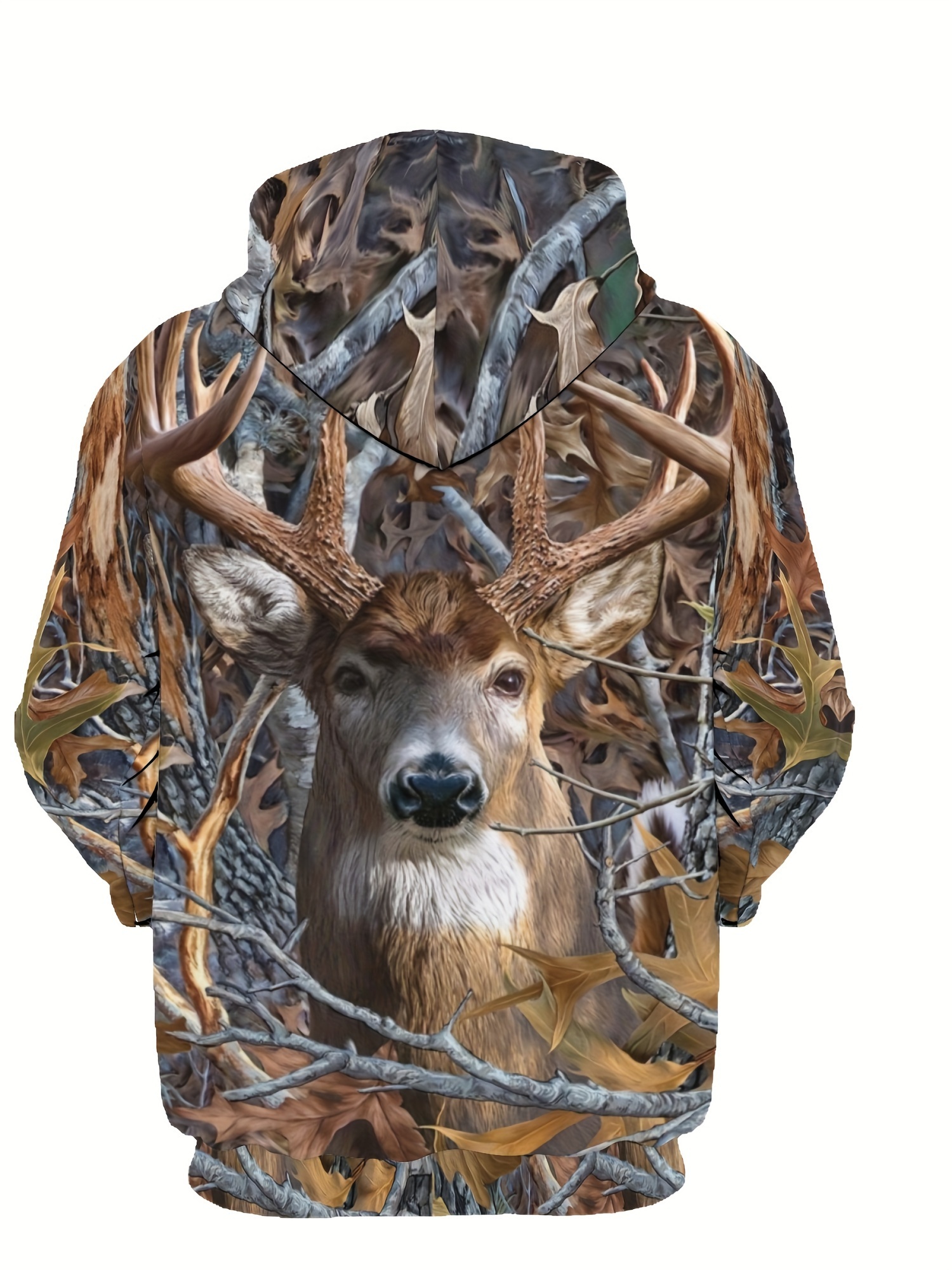Mens Casual Deer Antler Print Hooded Sweatshirt - Soft Knitted Fabric, Regular Fit, Slight Stretch, Nature-Inspired 3D Design, Streetwear Fashion Top
