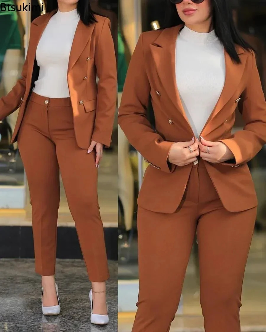 Womens Office Business Pant Sets 2PCS Solid Double Breasted Blazers Jacket and Pants Sets Two Pieces Female Pant Suits Set 240826