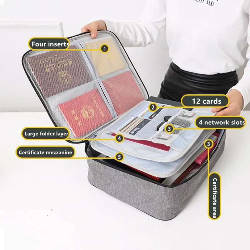 Document Organizer Briefcase A4 Folder Holder Men Womens Bag Cover Purse Passport Home Travel Safe Functional File Storage Case 240827
