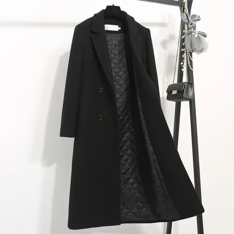 Classic Black Wool Coat Womens Mid to Long Autumn Winter Jacket Korean Edition Thick Blended 240826