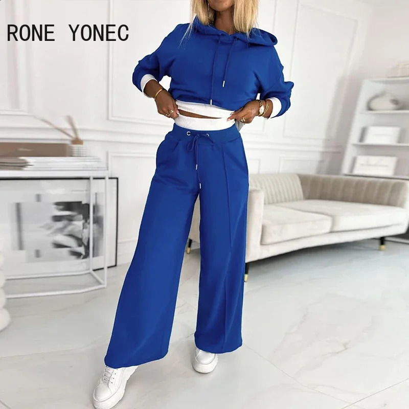 Geometric Print Colorblok Hoodie Wide Leg Pant Set Women Two Pieces Sets 240826