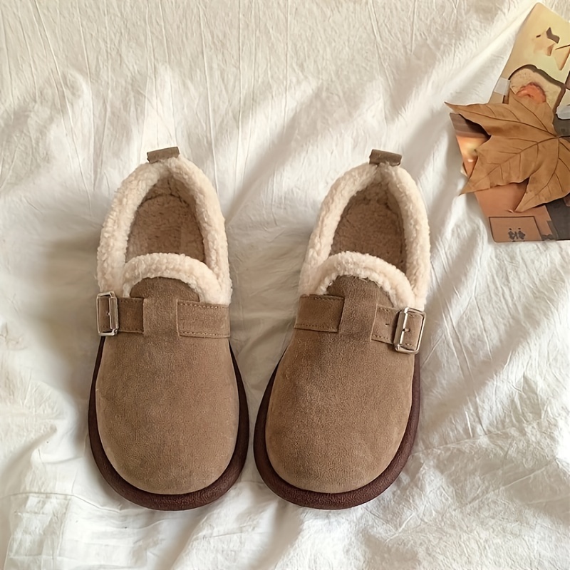 Women's Solid Color Fuzzy Loafers, Slip On Soft Sole Flat Warm Lined Shoes, Winter Plush Non-slip Snow Shoes